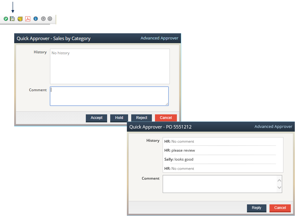 Screenshot showing access and details of the Quick Approver dialog.